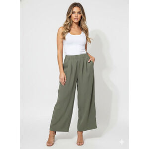 Halara Dress Pants XL Green Wide Leg Pleated Pull On Pockets Linen Feel Casual